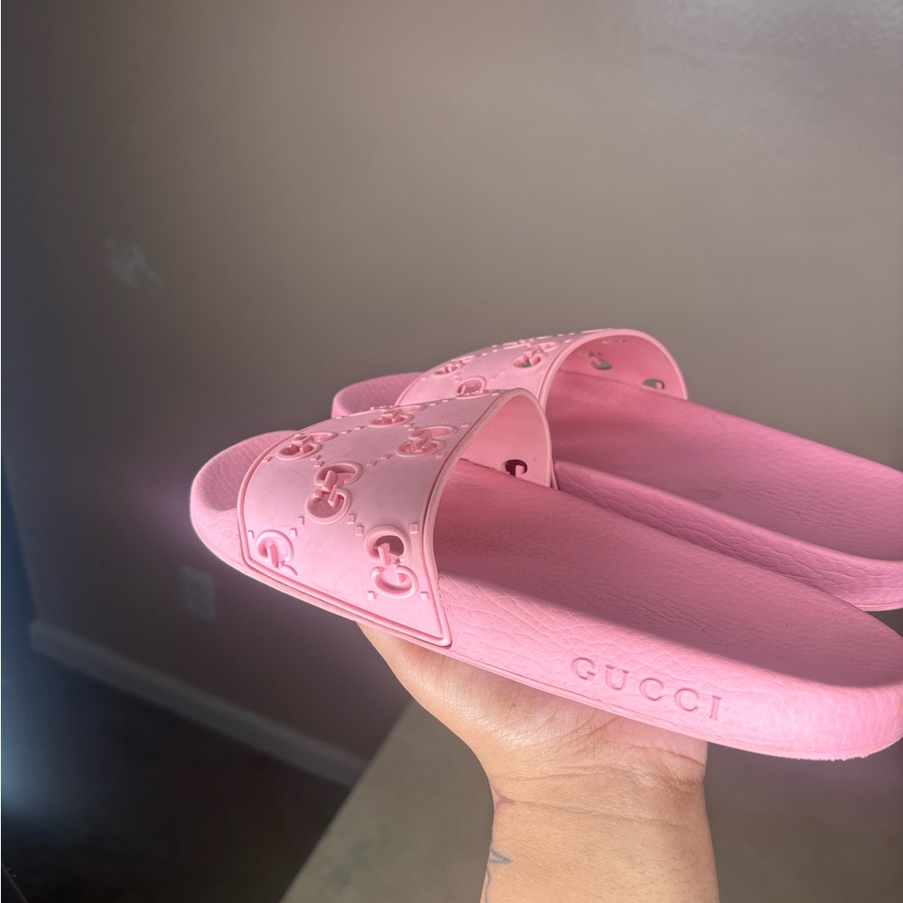 Gucci Pink Embossed Slides